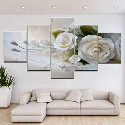 DGGDVP Cuadro de Arte de Pared de 5 Piezas sobre Lienzo Pintura Impresa Imagen Modular Moderna Lotes de Flores Rosa Blanca Tamaño 2 con Marco