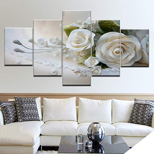 DGGDVP Cuadro de Arte de Pared de 5 Piezas sobre Lienzo Pintura Impresa Imagen Modular Moderna Lotes de Flores Rosa Blanca Tamaño 2 con Marco