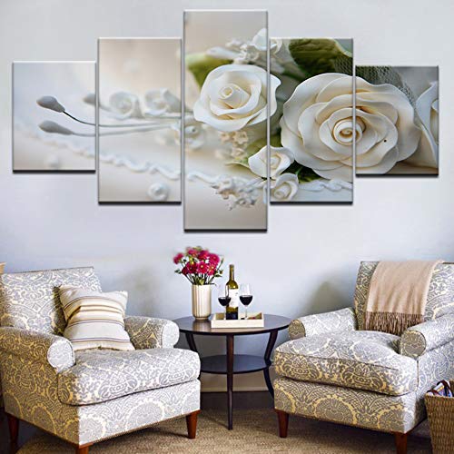 DGGDVP Cuadro de Arte de Pared de 5 Piezas sobre Lienzo Pintura Impresa Imagen Modular Moderna Lotes de Flores Rosa Blanca Tamaño 2 con Marco