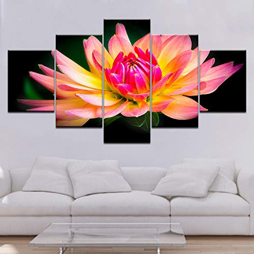 DGGDVP Decoración Moderna del Arte de la Pared del hogar Imágenes modulares 5 Piezas Flor de Loto Amarilla Agua HD Pinturas de Lienzo Impresas Tamaño de la Obra de Arte 2 con Marco