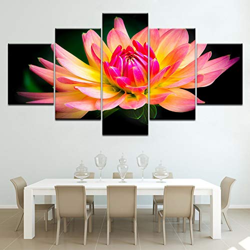 DGGDVP Decoración Moderna del Arte de la Pared del hogar Imágenes modulares 5 Piezas Flor de Loto Amarilla Agua HD Pinturas de Lienzo Impresas Tamaño de la Obra de Arte 2 con Marco