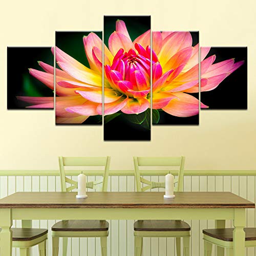 DGGDVP Decoración Moderna del Arte de la Pared del hogar Imágenes modulares 5 Piezas Flor de Loto Amarilla Agua HD Pinturas de Lienzo Impresas Tamaño de la Obra de Arte 2 con Marco