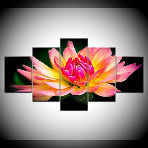 DGGDVP Decoración Moderna del Arte de la Pared del hogar Imágenes modulares 5 Piezas Flor de Loto Amarilla Agua HD Pinturas de Lienzo Impresas Tamaño de la Obra de Arte 2 con Marco
