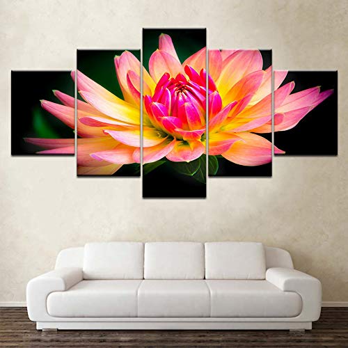 DGGDVP Decoración Moderna del Arte de la Pared del hogar Imágenes modulares 5 Piezas Flor de Loto Amarilla Agua HD Pinturas de Lienzo Impresas Tamaño de la Obra de Arte 2 con Marco