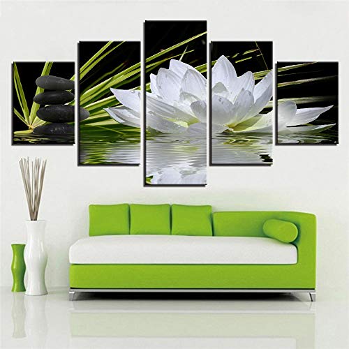 DGGDVP Decoración Moderna del Arte de la Pared del hogar Imágenes modulares 5 Piezas Flor de Loto Blanco Guijarro de Agua HD Pinturas de Lienzo Impresas Tamaño 1 Sin Marco