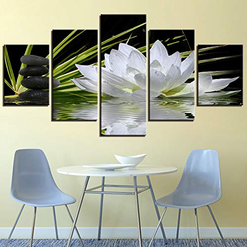 DGGDVP Decoración Moderna del Arte de la Pared del hogar Imágenes modulares 5 Piezas Flor de Loto Blanco Guijarro de Agua HD Pinturas de Lienzo Impresas Tamaño 1 Sin Marco