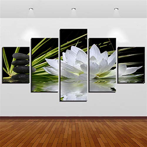 DGGDVP Decoración Moderna del Arte de la Pared del hogar Imágenes modulares 5 Piezas Flor de Loto Blanco Guijarro de Agua HD Pinturas de Lienzo Impresas Tamaño 1 Sin Marco