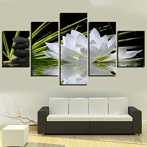 DGGDVP Decoración Moderna del Arte de la Pared del hogar Imágenes modulares 5 Piezas Flor de Loto Blanco Guijarro de Agua HD Pinturas de Lienzo Impresas Tamaño 1 Sin Marco