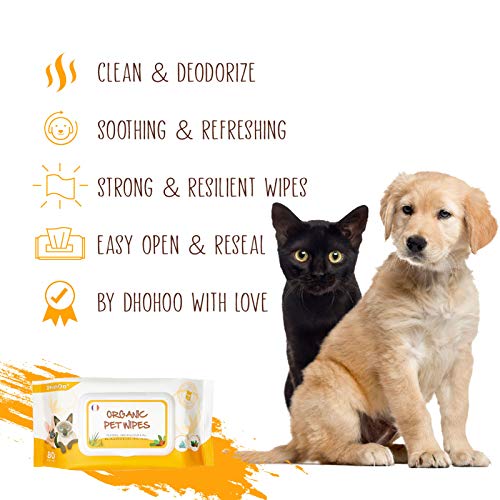 Dhohoo Toallitas de Aseo Para Mascotas, Toallitas de Limpieza Hipoalergénicas para Perros y Gatos, Limpiador de Patas y Orejas para Perros y Gatos, Toallitas Naturales para Mascotas. (80 unidades)