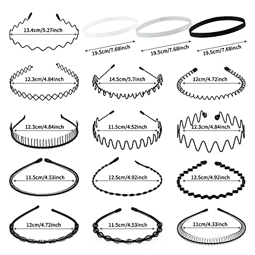 Diademas de metal de 16 piezas para hombres y mujeres, bandas para el cabello elásticas antideslizantes de varios estilos, diadema deportiva de moda, banda para la cabeza unisex negra con resorte