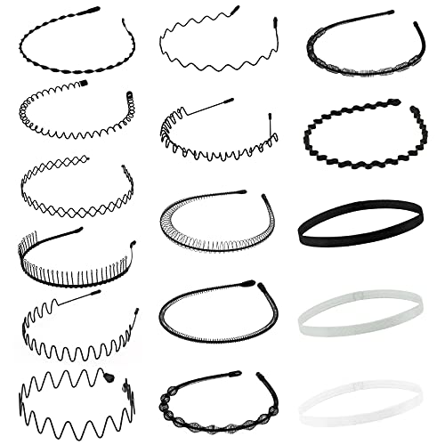 Diademas de metal de 16 piezas para hombres y mujeres, bandas para el cabello elásticas antideslizantes de varios estilos, diadema deportiva de moda, banda para la cabeza unisex negra con resorte