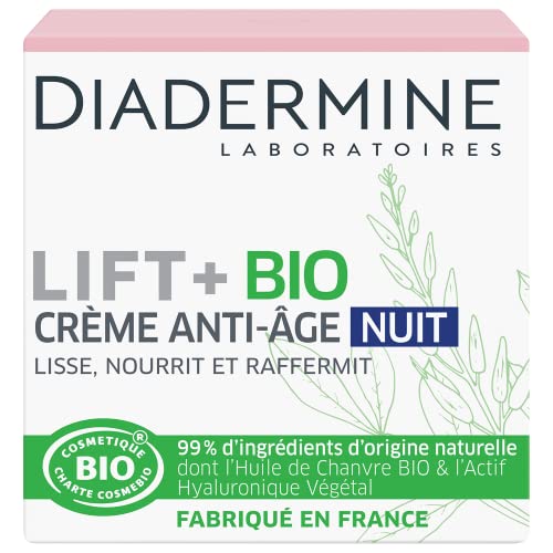 Diadermine Lift+ Crema de Noche Bio, Anti Edad, Nutre, Alisa e Hidrata la Piel, con Aceite de Semilla de Cannabis Bio & Hialurón Vegetal, 50ml