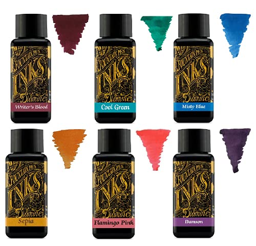 Diamine - Tinta para pluma estilográfica de 30 ml - Rueda de color - 6 botellas - Writers Blood, verde frío, azul brumoso, sepia, rosa flamenco, damson