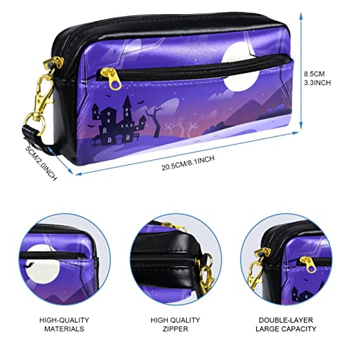 Dibujado a mano Halloween Fondo-01 Estuche de lápiz de cuero PU,Estuche de lápiz de alta capacidad,para caso de escritura de oficina