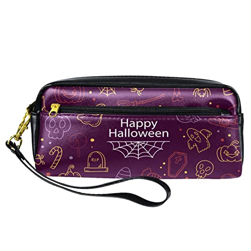 Dibujo a mano Halloween Doodle-01 Estuche de cuero PU, estuche de lápiz de alta capacidad, para estuche de escritura de oficina