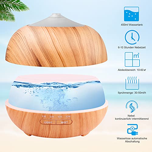 Difusor de aceites Esenciales Humidificador de aromaterapia: Vaporizador de Aroma ultrasónico de 400 ml - Difusores eléctricos con luz LED de 7 Colores y 4 temporizadores para el hogar