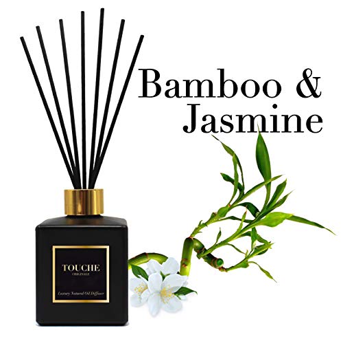 Difusor de Caña Aceite Esencial Natural. Pacífico y relajante Bambú y Jazmín. Fragancia Perfumada de Larga Duración 90 días. Aromaterapia. Sin Alcohol. 140ML - Botella Negra