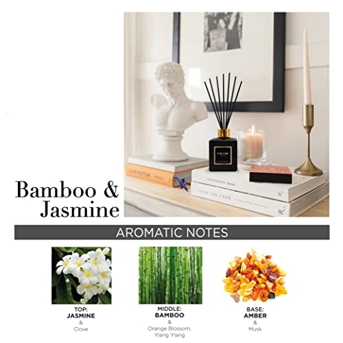 Difusor de Caña Aceite Esencial Natural. Pacífico y relajante Bambú y Jazmín. Fragancia Perfumada de Larga Duración 90 días. Aromaterapia. Sin Alcohol. 140ML - Botella Negra