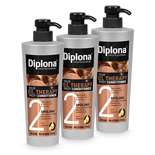 DIPLONA acondicionador para cabellos secos y rizados con aceite de argán - desenredante de pelo con aceite profesional - vegano sin silicona ni parabenos 3x 600 ml