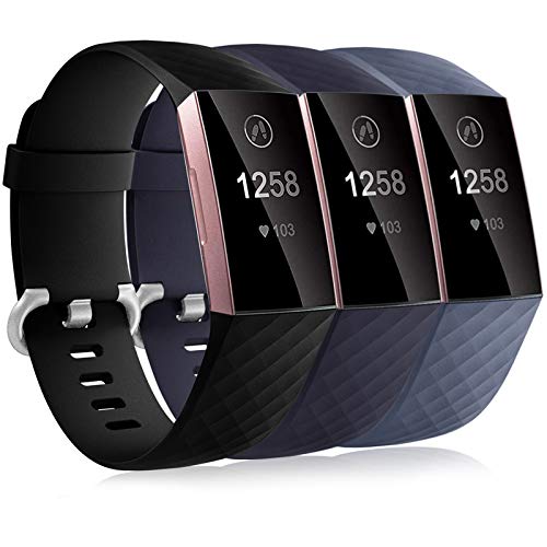 Dirrelo 3 Pack Compatible con Fitbit Charge 3/Fitbit Charge 4/Charge 3 SE Correa para Mujeres Hombres, Pulsera Deportiva de Repuesto Ajustable de Silicona Suave para, Nero+BLU+BLU Grigio L