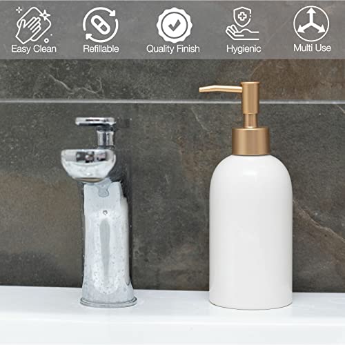 Dispensador de jabón líquido o crema de manos de diseño, fabricado en cerámica, capacidad de 500 ml, color blanco y dorado