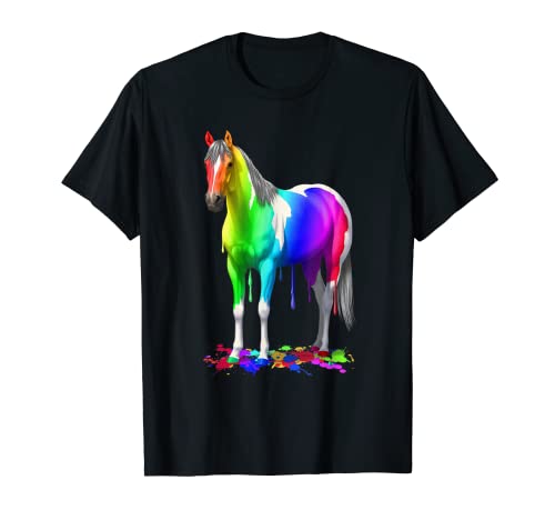 Divertido goteo pintura húmeda caballo colorido arco iris Pinto Camiseta