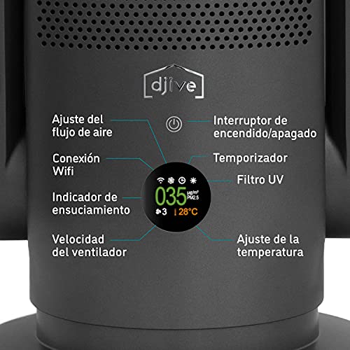 djive ARC Heater 3en1 calentador con termostato, purificador de aire y ventilador sin aspas, 2000W, filtro HEPA 14, UV-C, elimina 99,995% de alérgenos, inteligente wifi y app, Alexa, Google Home, gris