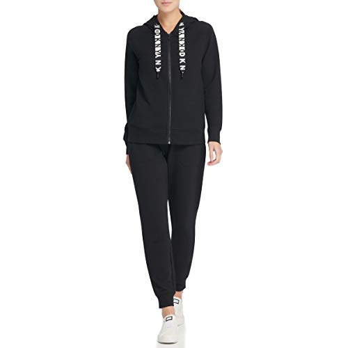 DKNY Logo Drawcord Zip up Hoodie Sudadera con Capucha, Cremallera de Rizo Negra con Logotipo y cordón, XL para Mujer