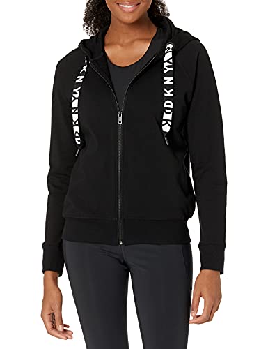 DKNY Logo Drawcord Zip up Hoodie Sudadera con Capucha, Cremallera de Rizo Negra con Logotipo y cordón, XL para Mujer