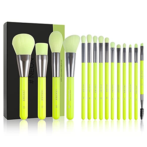 Docolor brochas de maquillaje 15piezas kit brochas maquillaje Neon Green Polvo facial Correctores de rubor Brochas para sombras de ojos Kit de maquillaje profesional con caja de regalo