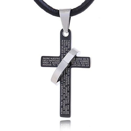 DonDon Hombres Collar de Piel 50 cm con Colgante de Cruz de Acero Inoxidable Negro en una Bolsa de Terciopelo
