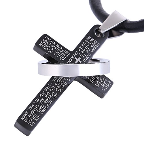 DonDon Hombres Collar de Piel 50 cm con Colgante de Cruz de Acero Inoxidable Negro en una Bolsa de Terciopelo