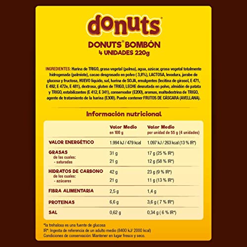 Donuts Bombón de 4 unidades envasados, 220gr (55gr cada Donuts)