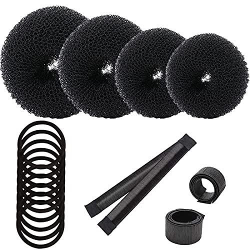 Donuts para El Pelo,Incluye 4 piezas para hacer bollos para el cabello,2 para hacer moños mágicos,bandas elásticas para el cabello10 piezas,para mujeres y niños (Negro)