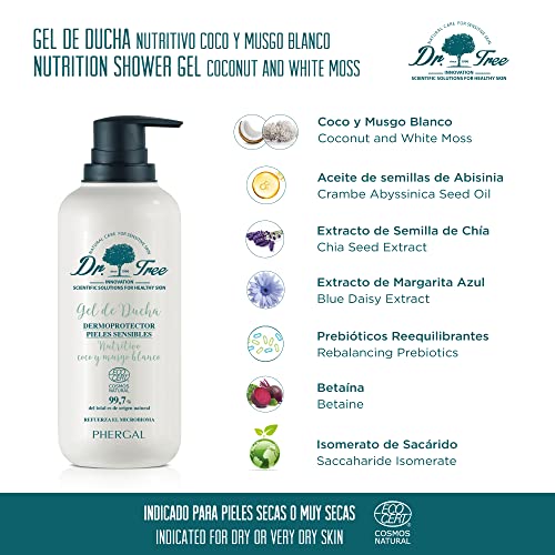 Dr. Tree | Gel de Ducha Dermoprotector Nutritivo | Especial Pieles Sensibles o Tendencia Atópica| Fortalece el Microbioma | 99.7% Ingredientes Naturales | Coco y Musgo Blanco | 500ml
