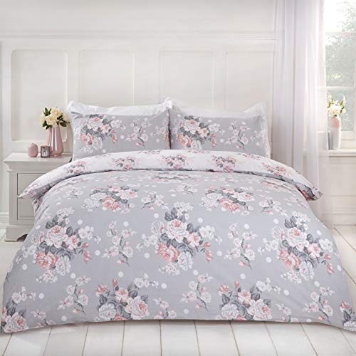 Dreamscene Juego edredón con Funda de Almohada, Reversible, diseño Floral, Polialgodón, Gris Blush Blanco, Suelto