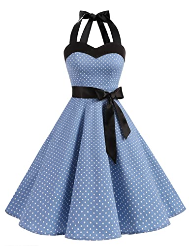 Dresstells® Halter 50s Rockabilly Polka Dots Audrey Dress Retro Cocktail Dress Blue Small White Dot XS