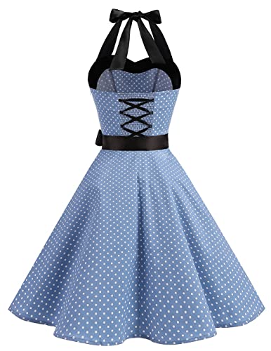 Dresstells® Halter 50s Rockabilly Polka Dots Audrey Dress Retro Cocktail Dress Blue Small White Dot XS