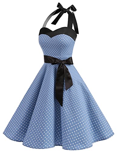 Dresstells® Halter 50s Rockabilly Polka Dots Audrey Dress Retro Cocktail Dress Blue Small White Dot XS