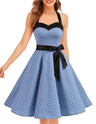 Dresstells® Halter 50s Rockabilly Polka Dots Audrey Dress Retro Cocktail Dress Blue Small White Dot XS