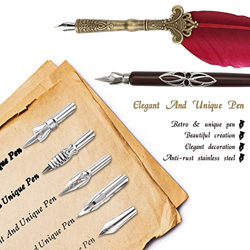 Dsaren 13 Piezas Conjunto Pluma de Escritura Vintage Antigua Pluma Caligrafía Creativa Feather Pen Set con Tinta 4 Consejos Diferentes Titular de la Pluma Caja de Regalo Cumpleaños Membrete (Rojo)