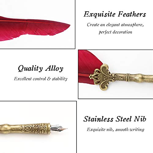 Dsaren 13 Piezas Conjunto Pluma de Escritura Vintage Antigua Pluma Caligrafía Creativa Feather Pen Set con Tinta 4 Consejos Diferentes Titular de la Pluma Caja de Regalo Cumpleaños Membrete (Rojo)