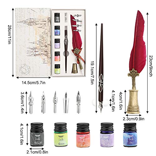 Dsaren 13 Piezas Conjunto Pluma de Escritura Vintage Antigua Pluma Caligrafía Creativa Feather Pen Set con Tinta 4 Consejos Diferentes Titular de la Pluma Caja de Regalo Cumpleaños Membrete (Rojo)