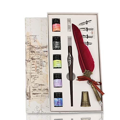 Dsaren 13 Piezas Conjunto Pluma de Escritura Vintage Antigua Pluma Caligrafía Creativa Feather Pen Set con Tinta 4 Consejos Diferentes Titular de la Pluma Caja de Regalo Cumpleaños Membrete (Rojo)