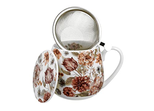 DUO Juego de taza de té con colador de té de acero inoxidable y tapa de porcelana, floral, diseño abombado, 400 ml, 3 piezas, en caja de regalo (Pastel Flowers)