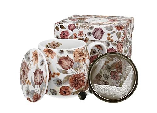 DUO Juego de taza de té con colador de té de acero inoxidable y tapa de porcelana, floral, diseño abombado, 400 ml, 3 piezas, en caja de regalo (Pastel Flowers)