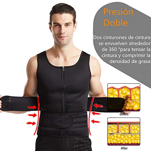 DUPELEC Chaleco Sauna Hombre Adelgazante,Faja Reductora Adelgazante de 360 °con 2 Faja, Chaleco de Fitness de Neopreno Deportivo con Cremallera para Deporte Fitness (Negro) (L, Negro)