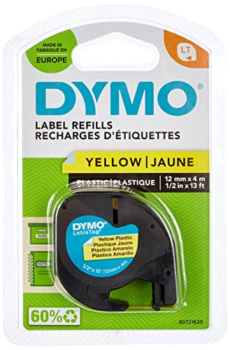 Dymo LetraTag Etiquetas de plástico, rollo de 12 mm x 4 m, Azul sobre Amarillo