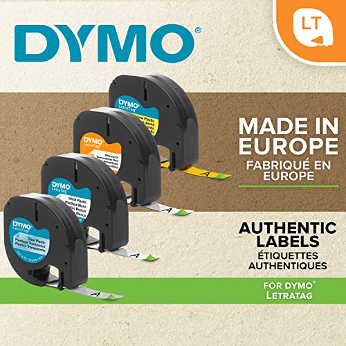 Dymo LetraTag Etiquetas de plástico, rollo de 12 mm x 4 m, Azul sobre Amarillo