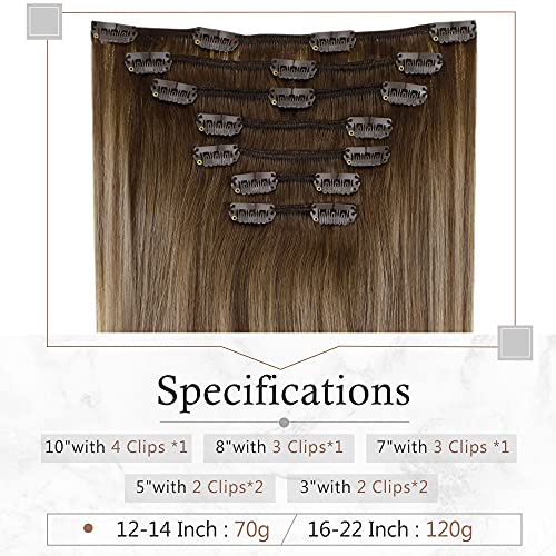 Easyouth Balayage Extensiones de Pelo Natural Clip 14 Pulgada 7Pcs 70g Balayage Color Castaño Medio Mix Rubio miel y Castaño Medio Extensiones Clip de Pelo Natural